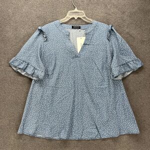 BLOOMCHIC Top Womens plus 1X 14 16 blue white polka‎ dot short sleeve ruffle